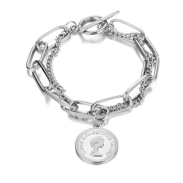 Silver Queen Elizabeth Coin Bracelet - Paperclip Chain Toggle Jewelry