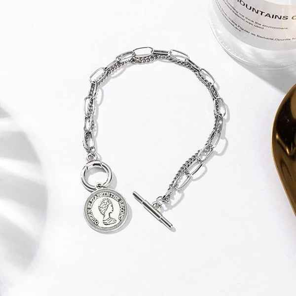 Silver Queen Elizabeth Coin Bracelet - Paperclip Chain Toggle Jewelry