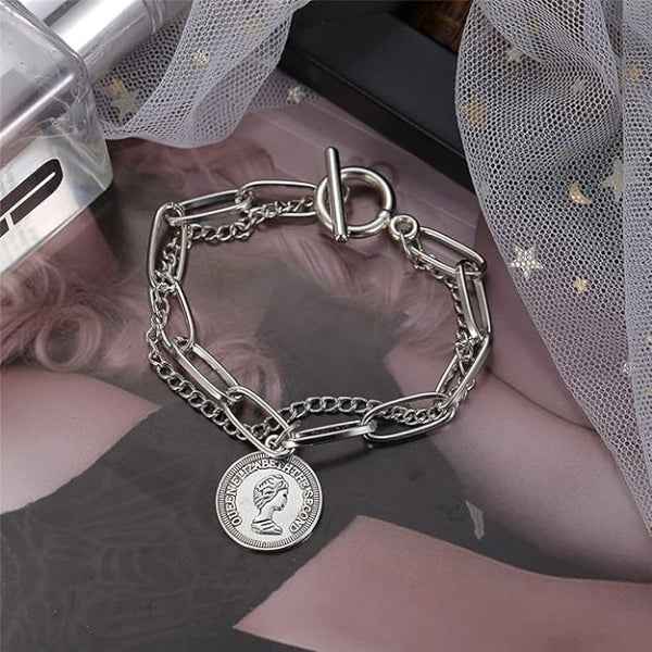 Silver Queen Elizabeth Coin Bracelet - Paperclip Chain Toggle Jewelry