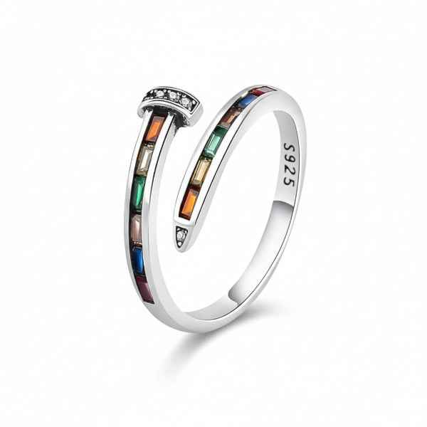 Silver Rainbow Ring - Shimmering Colorful Crystal Adjustable Nail Ring