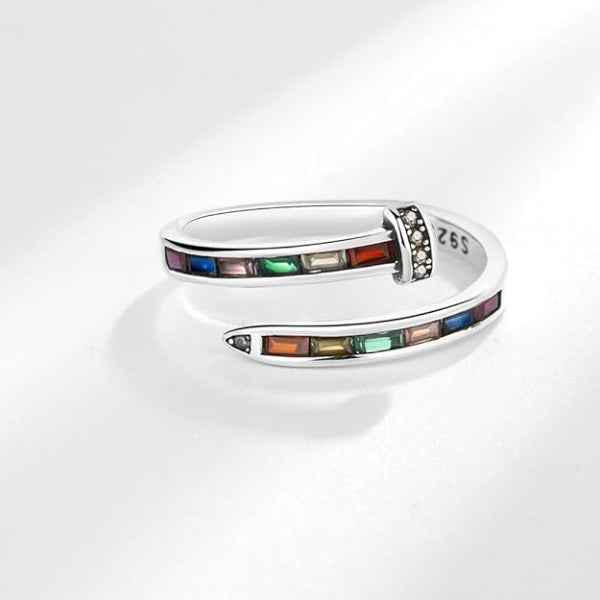 Silver Rainbow Ring - Shimmering Colorful Crystal Adjustable Nail Ring