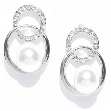 Elegant Silver Rhinestone Pearl Earrings | Circle Drop Studs