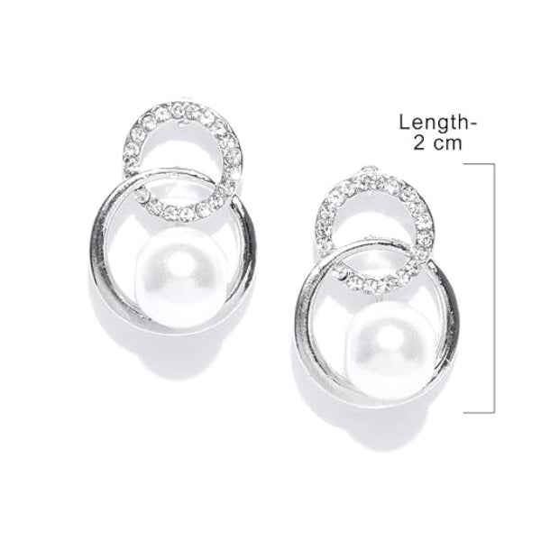 Elegant Silver Rhinestone Pearl Earrings | Circle Drop Studs