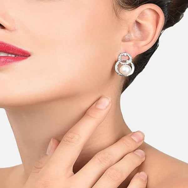 Elegant Silver Rhinestone Pearl Earrings | Circle Drop Studs