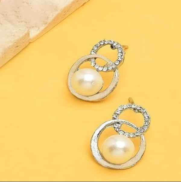 Elegant Silver Rhinestone Pearl Earrings | Circle Drop Studs