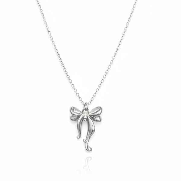 Silver Ribbon Bow Necklace | Dainty Coquette Aesthetic Pendant Gift