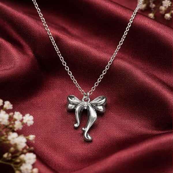 Silver Ribbon Bow Necklace | Dainty Coquette Aesthetic Pendant Gift