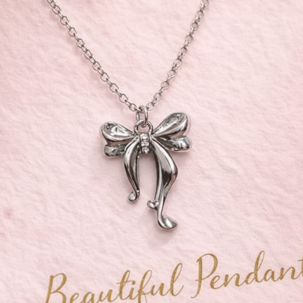 Silver Ribbon Bow Necklace | Dainty Coquette Aesthetic Pendant Gift