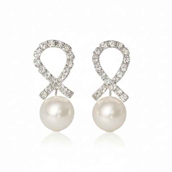 Silver Ribbon Pearl Earrings | Dainty Crystal Ribbon Drop Jewelry