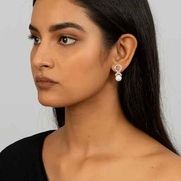 Silver Ribbon Pearl Earrings | Dainty Crystal Ribbon Drop Jewelry