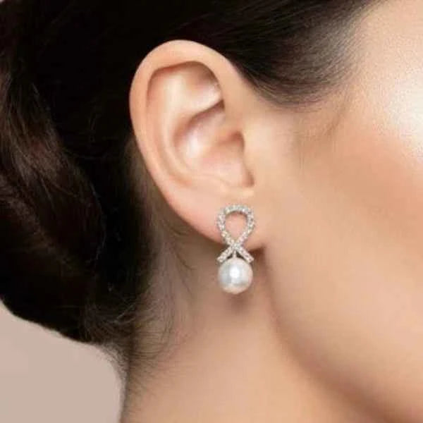 Silver Ribbon Pearl Earrings | Dainty Crystal Ribbon Drop Jewelry