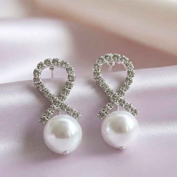 Silver Ribbon Pearl Earrings | Dainty Crystal Ribbon Drop Jewelry