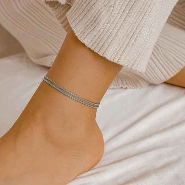 Silver Snake Anklet - Shimmering Double Strand Foot Jewelry
