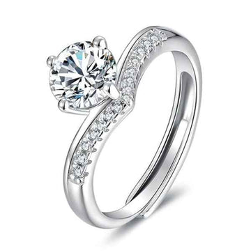Bold Silver Solitaire Ring - Sparkling Zircon V-Shape Band Finger Ring