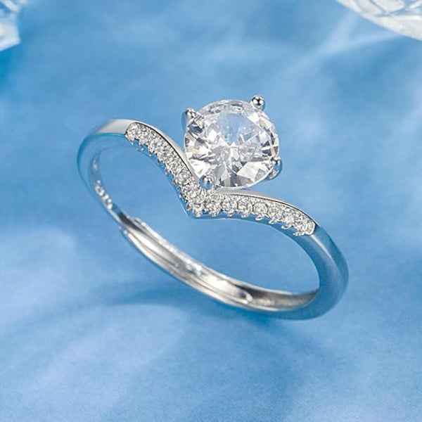 Bold Silver Solitaire Ring - Sparkling Zircon V-Shape Band Finger Ring