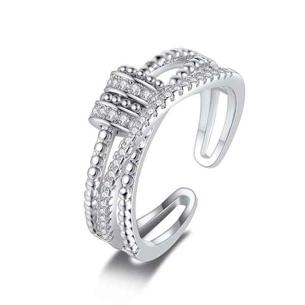 Pack of 2 Silver Plated Spinner Ring & Platinum Adjustable Solitaire Ring | Fidget Beaded Anxiety Ring with Bold Statement Solitaire