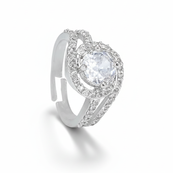 Silver Spiral Ring: Adjustable CZ Statement Band with Brilliant Stones