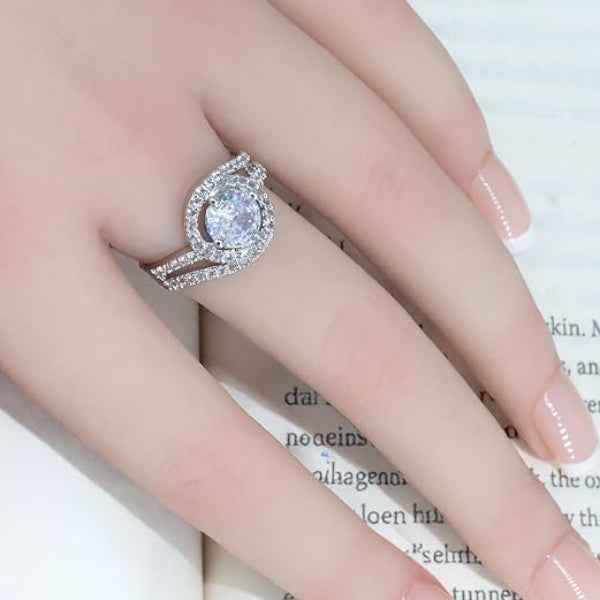 Silver Spiral Ring: Adjustable CZ Statement Band with Brilliant Stones