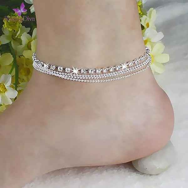 Silver Tennis Anklet: Layered Crystal Anklet & Boho Foot Jewelry