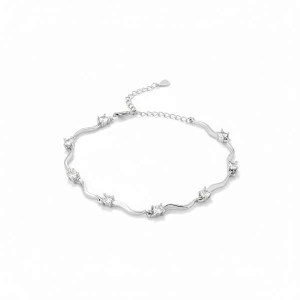 Pack of 2 Moissanite Engagement Ring & Silver Plated Wavy Bracelet | Solitaire Promise Band with Sterling Silver Crystal Link Bangle