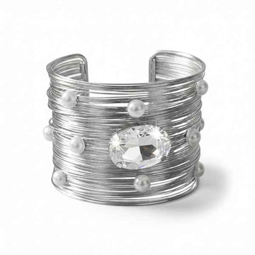 Silver Wire Cuff Bracelet with Crystal Centerpiece and Faux Pearls