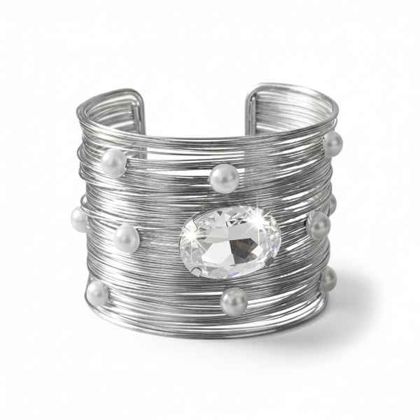 Silver Wire Cuff Bracelet with Crystal Centerpiece and Faux Pearls