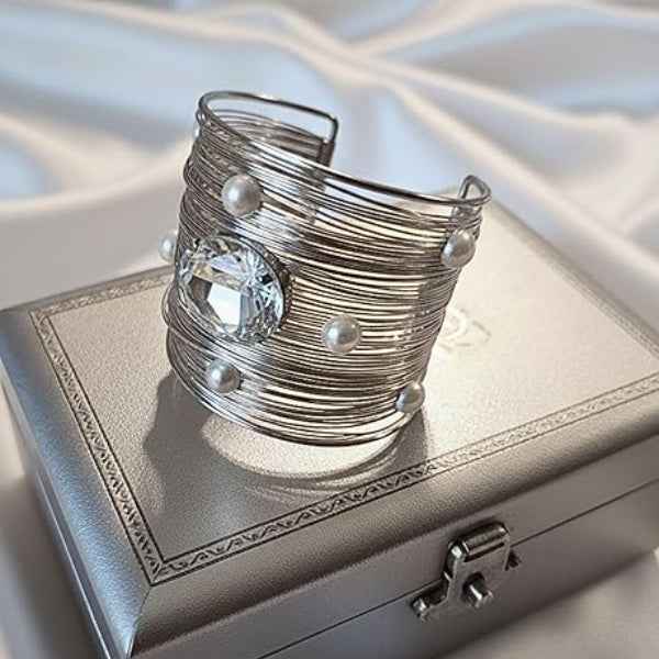 Silver Wire Cuff Bracelet with Crystal Centerpiece and Faux Pearls