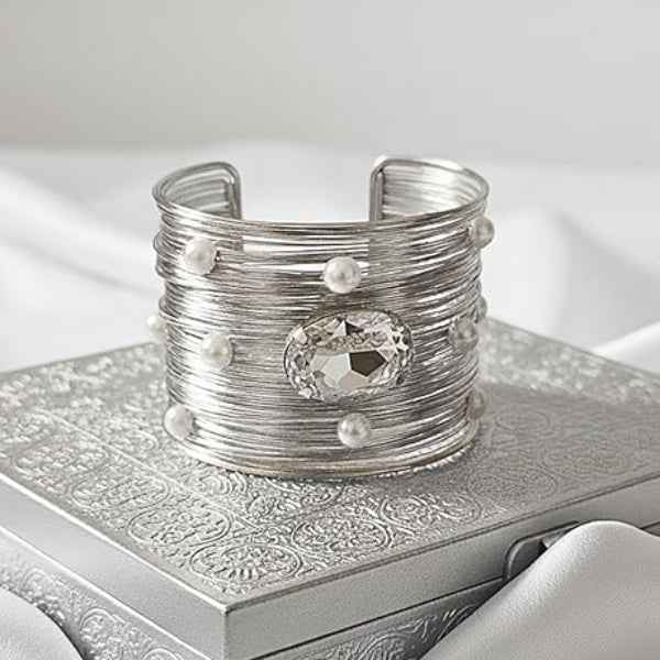Silver Wire Cuff Bracelet with Crystal Centerpiece and Faux Pearls