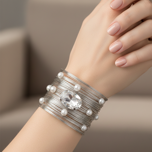 Silver Wire Cuff Bracelet with Crystal Centerpiece and Faux Pearls