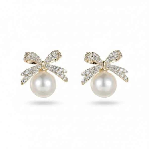 Dazzling Bow Pearl Drop Earrings | Gold Crystal Statement Jewelry