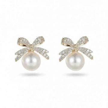 Dazzling Bow Pearl Drop Earrings | Gold Crystal Statement Jewelry