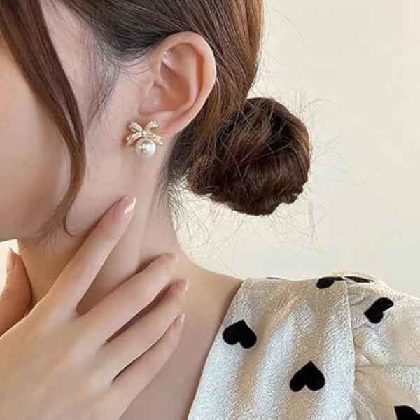 Dazzling Bow Pearl Drop Earrings | Gold Crystal Statement Jewelry