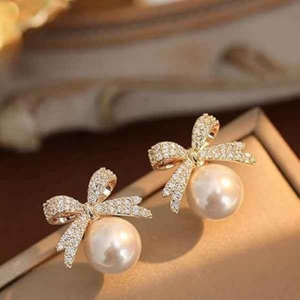Dazzling Bow Pearl Drop Earrings | Gold Crystal Statement Jewelry