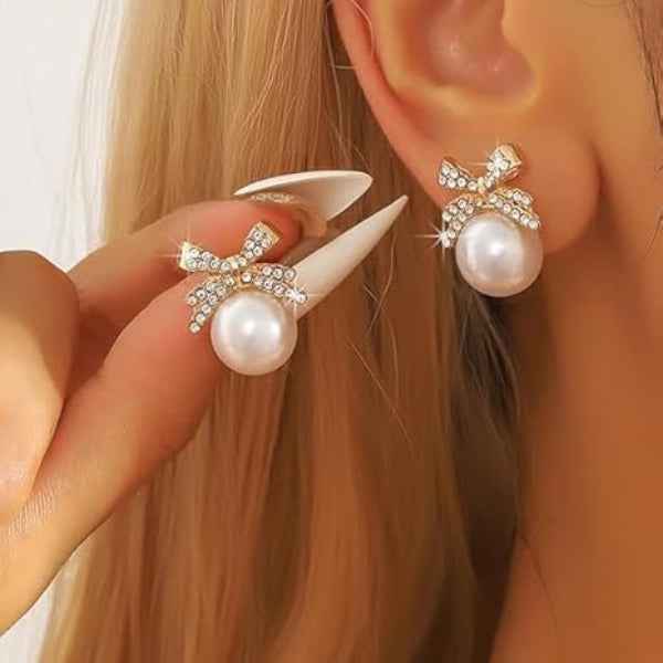 Dazzling Bow Pearl Drop Earrings | Gold Crystal Statement Jewelry