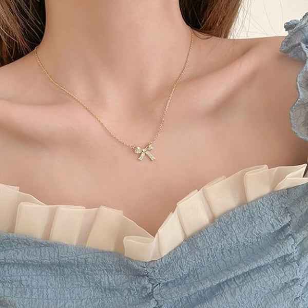 Sparkling Gold Bow Necklace | Whimsical Graceful Crystal Jewelry