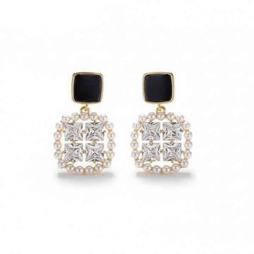 Square Drop Earrings - Black Crystal Jewelry & Pearl Halo Studs