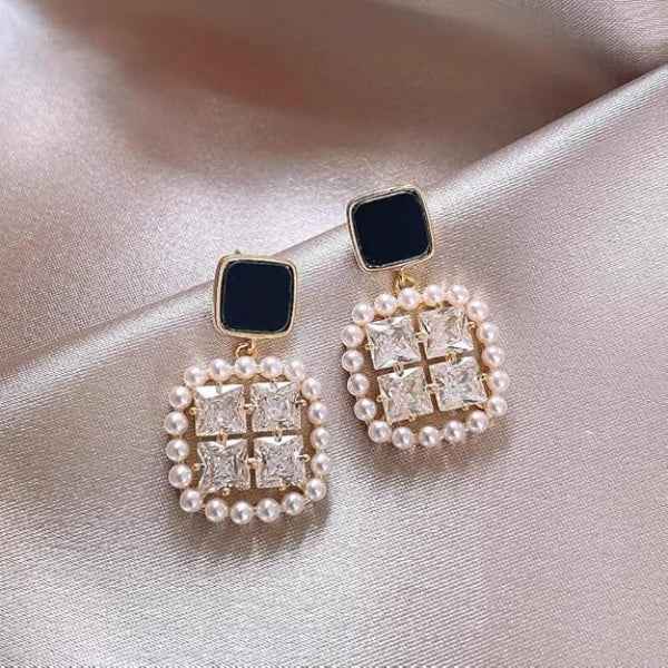 Square Drop Earrings - Black Crystal Jewelry & Pearl Halo Studs