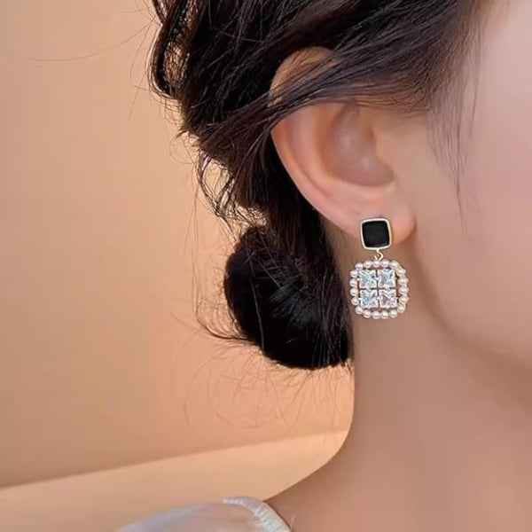 Square Drop Earrings - Black Crystal Jewelry & Pearl Halo Studs