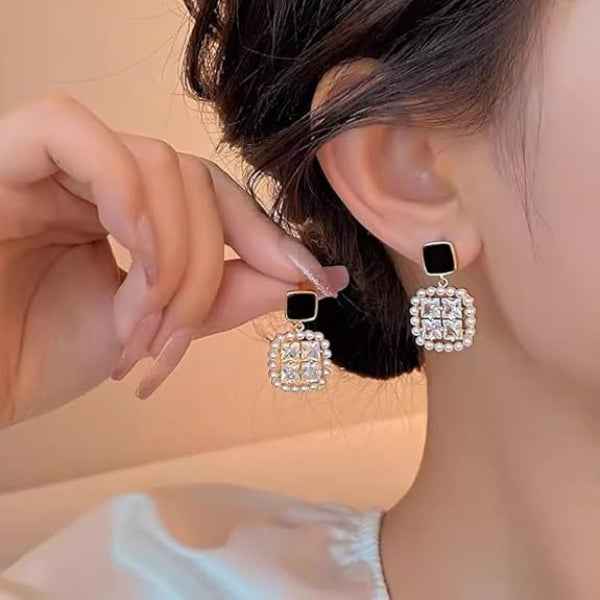 Square Drop Earrings - Black Crystal Jewelry & Pearl Halo Studs