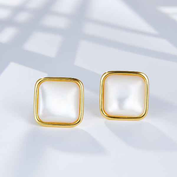 Chic Square Mother of Pearl Studs | Modern Gold Plated Earrings