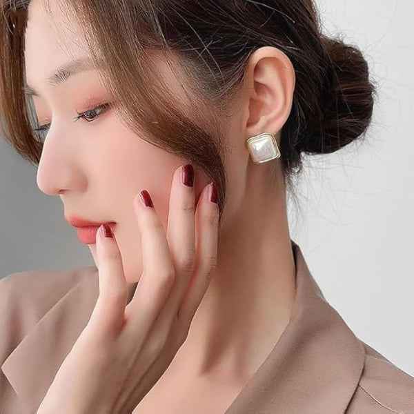 Chic Square Mother of Pearl Studs | Modern Gold Plated Earrings