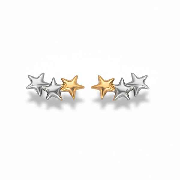 Star Climber Earrings - Shimmering Triple Star Mixed Metal Crawlers