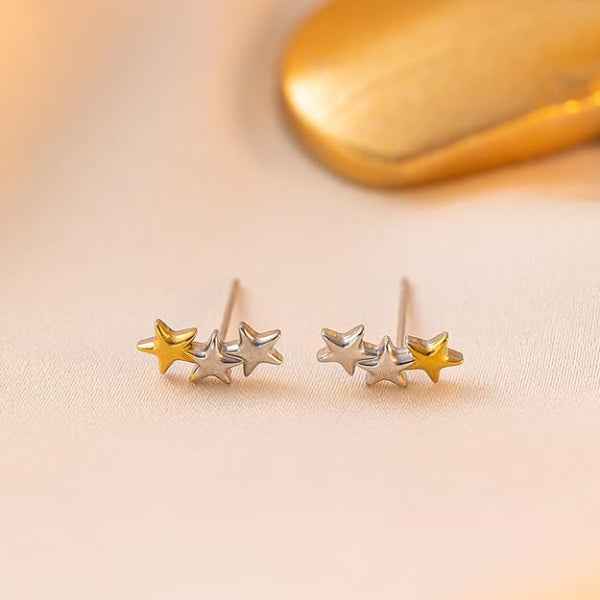 Star Climber Earrings - Shimmering Triple Star Mixed Metal Crawlers