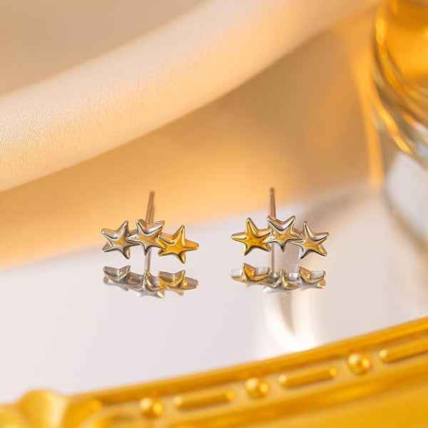 Star Climber Earrings - Shimmering Triple Star Mixed Metal Crawlers