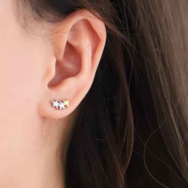Star Climber Earrings - Shimmering Triple Star Mixed Metal Crawlers
