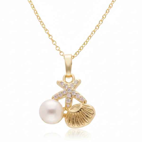 Starfish Pearl Necklace in Gold - Dainty Seashell Pendant Jewelry