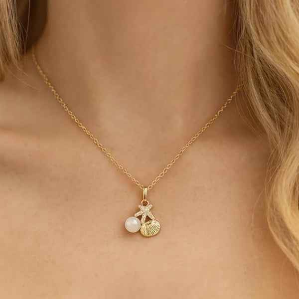Starfish Pearl Necklace in Gold - Dainty Seashell Pendant Jewelry