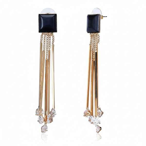 Bold Black Stud Earrings: Gold Bar Dangles with Crystal Drop Accent