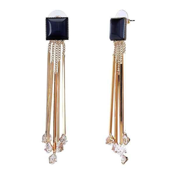 Bold Black Stud Earrings: Gold Bar Dangles with Crystal Drop Accent
