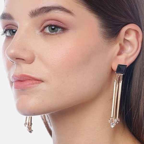 Bold Black Stud Earrings: Gold Bar Dangles with Crystal Drop Accent